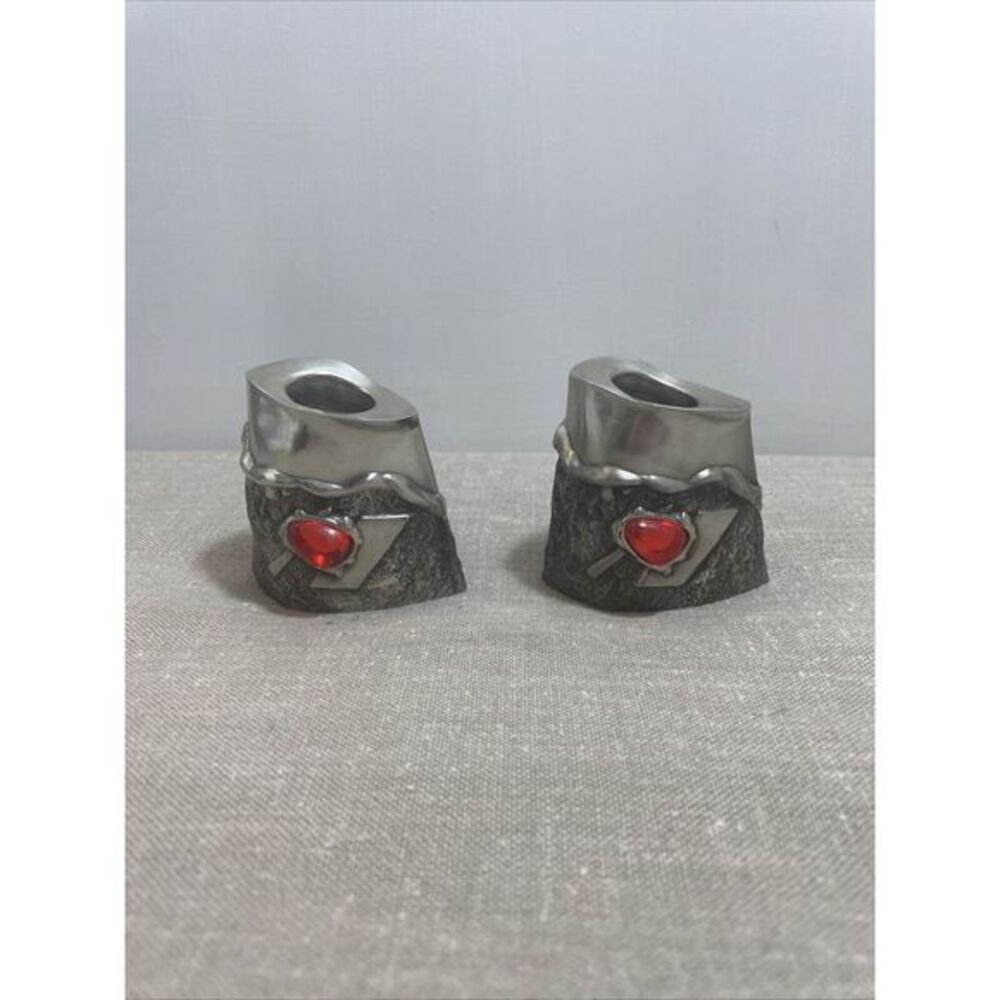 German Pewter candle Holders medieval contemporary design w/Faux Gem Hangegossen